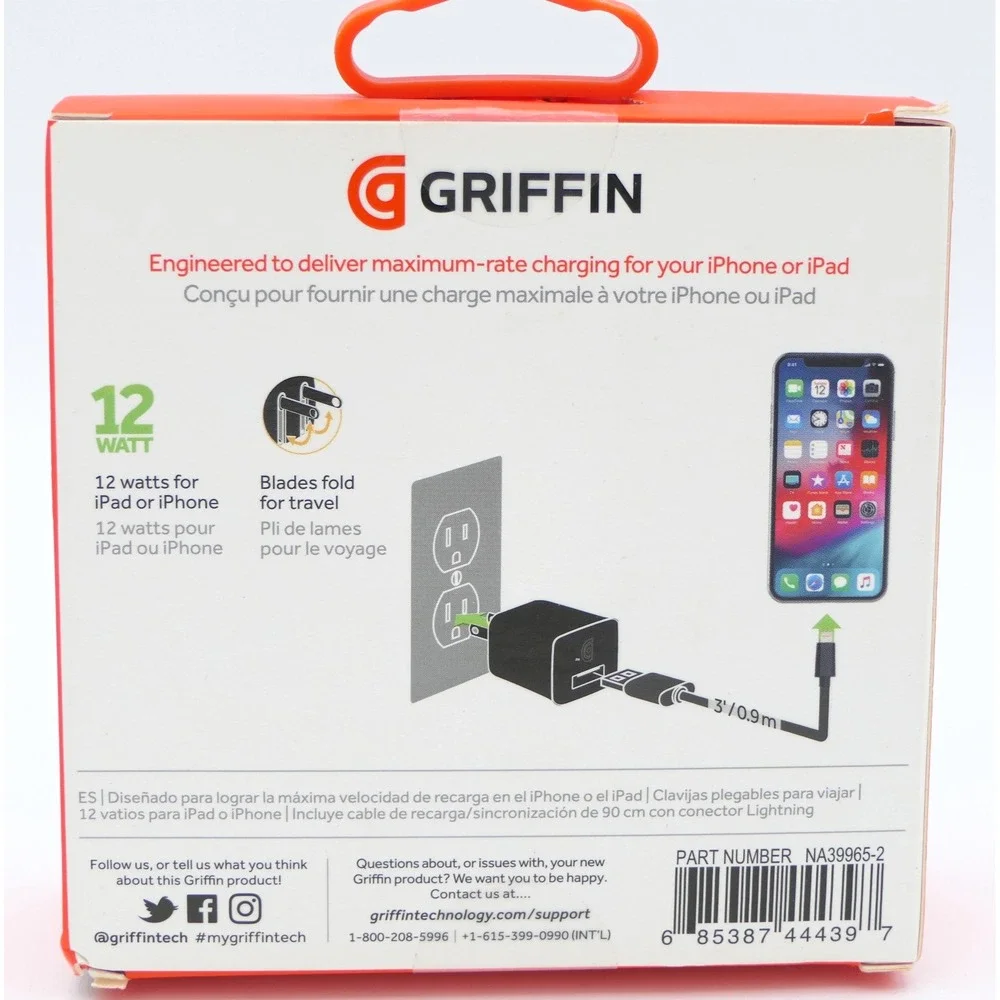 Griffin Compact Wall Charger w/ 3' Lightning Cable Black 12W 2.4A M-Fi Certified